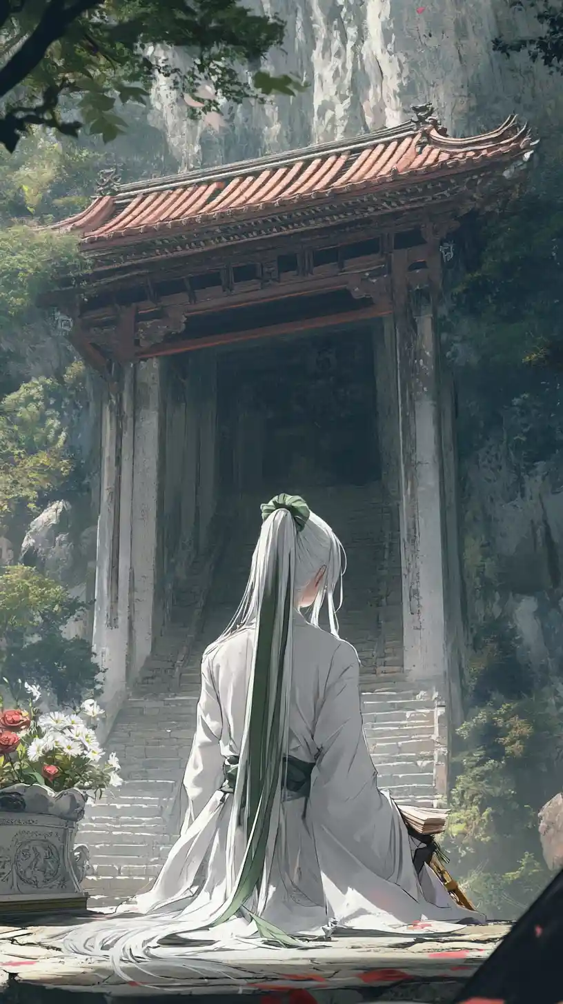 White haired anime girl in ceremonial robe at cliffside temple
