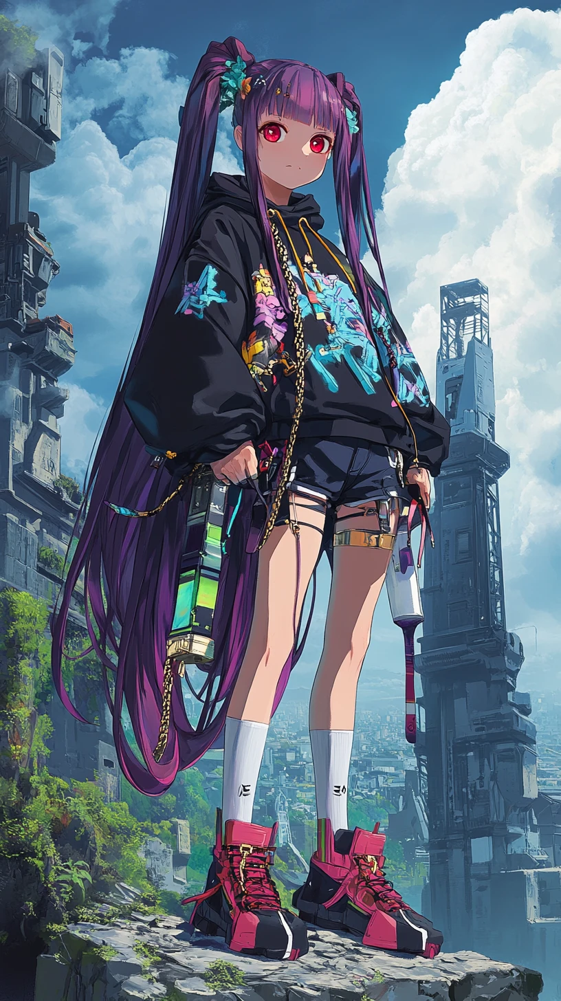 Anime girl with sword standing on a ruined cliff city