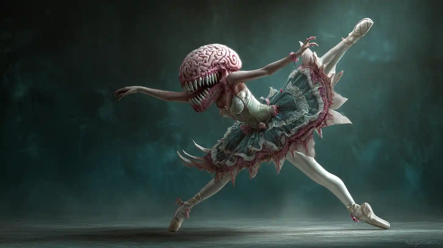 Surrealer Feentänzer mit monströsem Bauchmaul und Gehirn