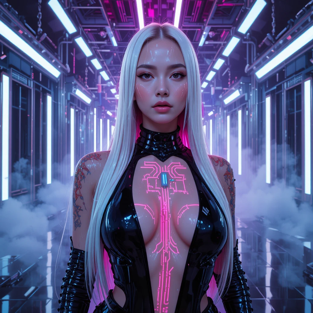 Heroína cyberpunk en estudio de moda futurista iluminado con neón