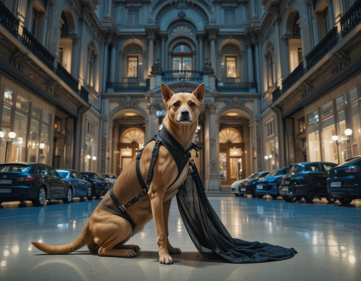 Cão feliz com deficiência em cadeira de rodas em um salão de carros iluminado