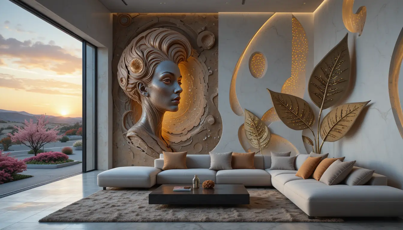 Salon moderne avec mur sculpté et vue sur le coucher de soleil dans le désert