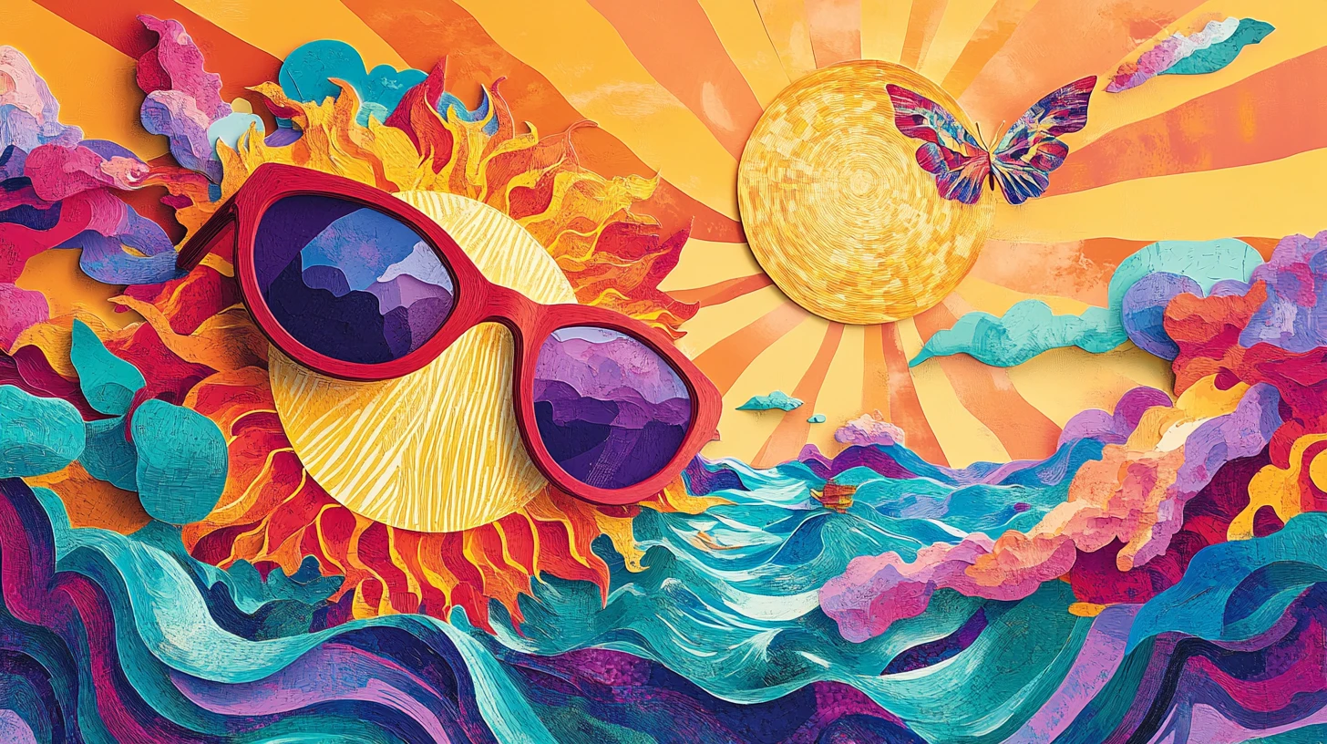 Surreale Sommersonne, die sich tief über schimmernde Wellen neigt