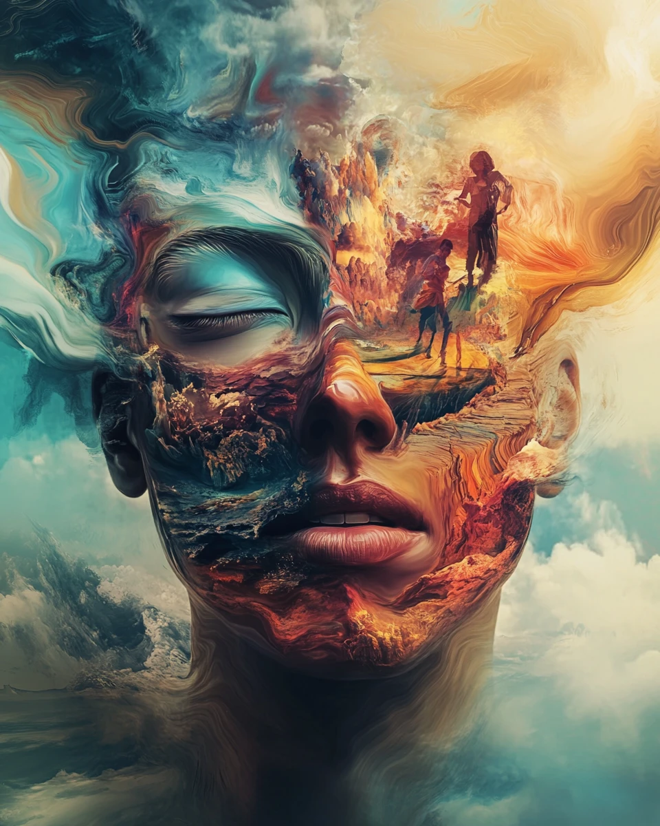 Surreales menschliches Gesicht voller Landschaften und abstrakter Formen
