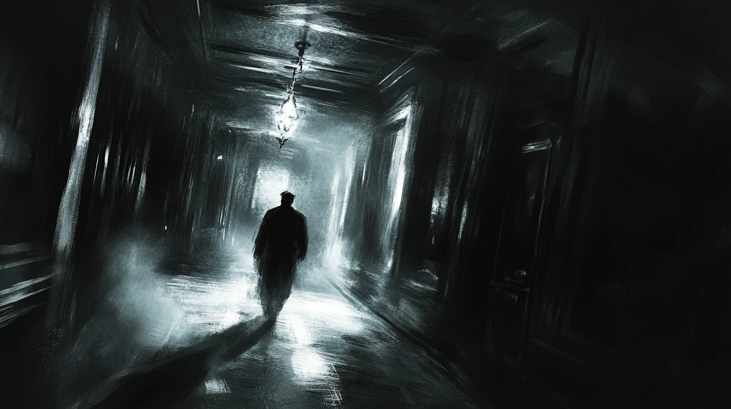 Figura oscura con ghigno minaccioso in un’aura d’ombre inquietante