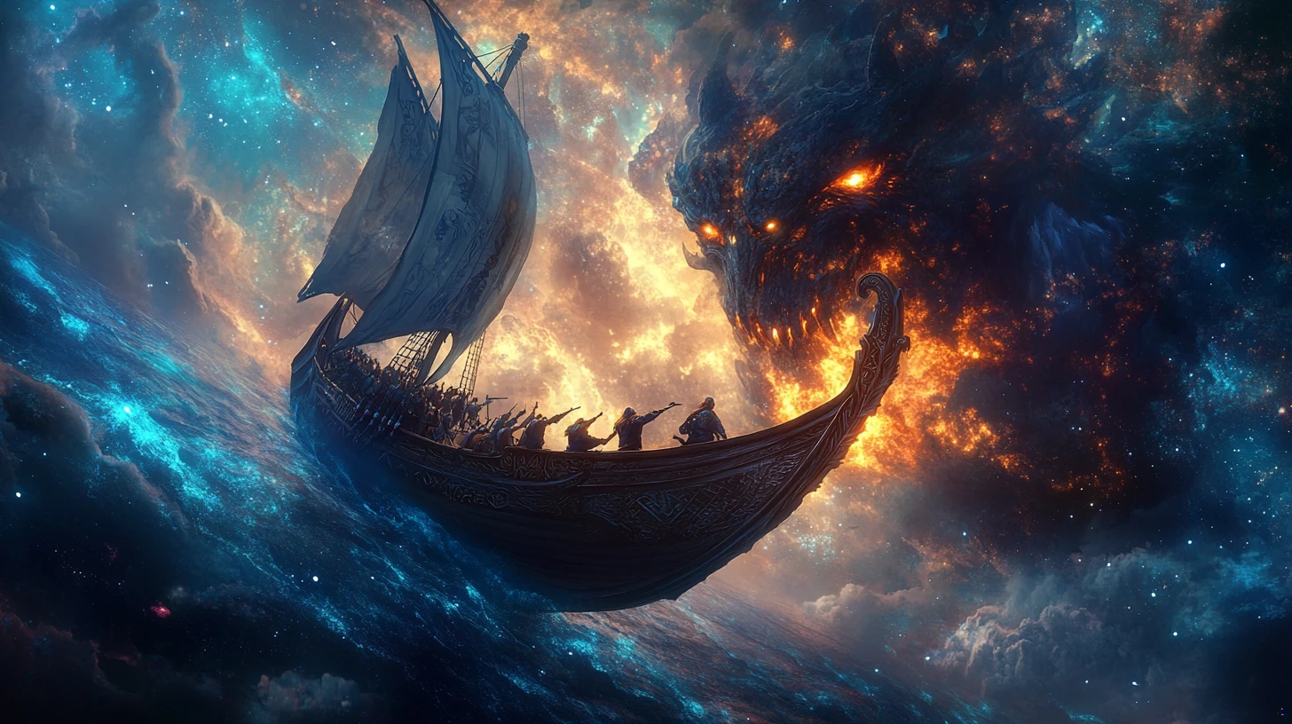 Drakkar viking voguant à travers une nébuleuse cosmique lumineuse