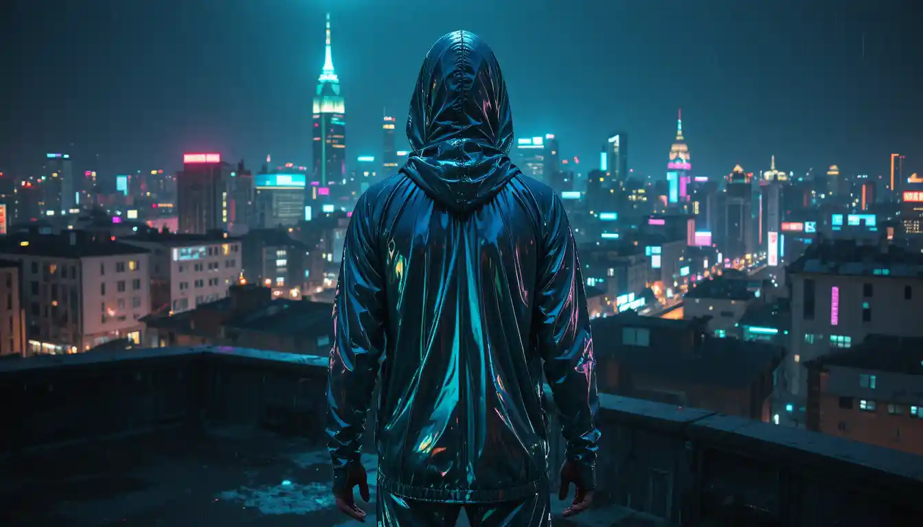 Cybernetic woman on neon city rooftop at night