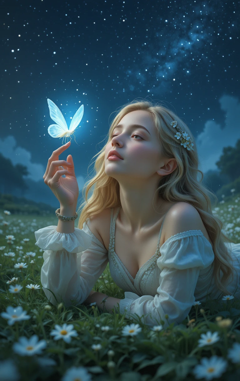 Jeune fille blonde se reposant dans un pré sous un ciel nocturne lumineux