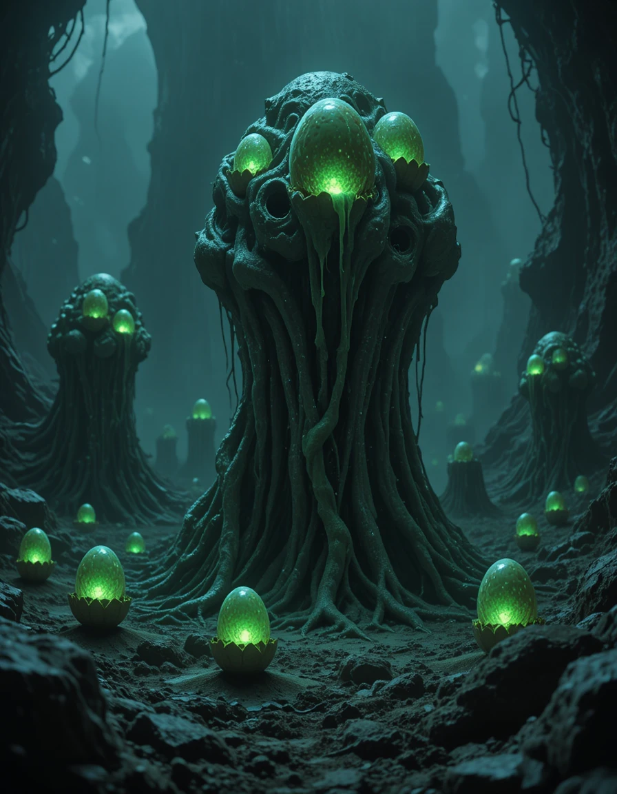 Amas de cocons aliens lumineux sur un monde sombre et hostile