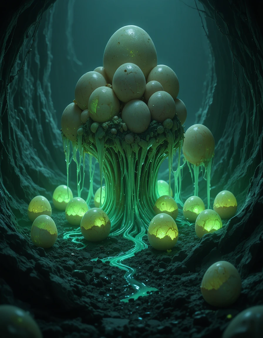 Amas de cocons aliens lumineux dans un paysage sombre