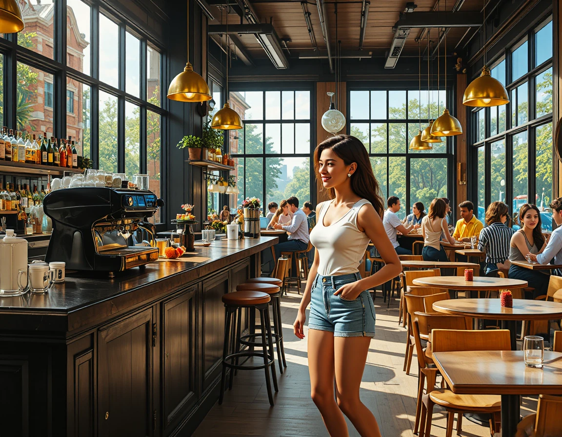 Junge Freunde im Gespräch in einer hellen, modernen Kaffeebar