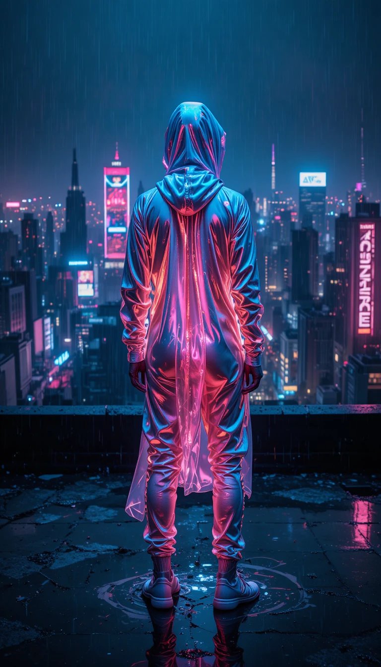 Mujer cyberpunk en la azotea de una ciudad iluminada por neón de noche