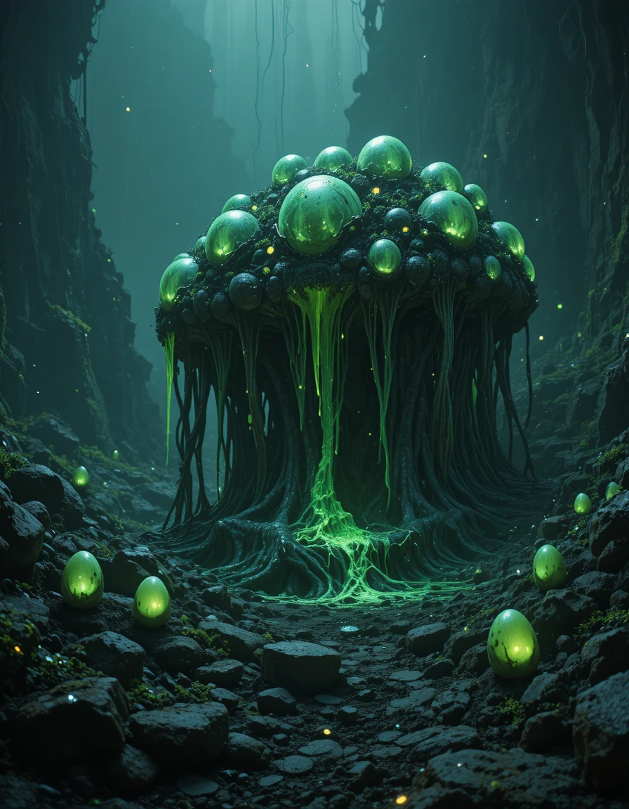 Prédateur alien parmi des grappes de cocons lumineux sur un monde sombre