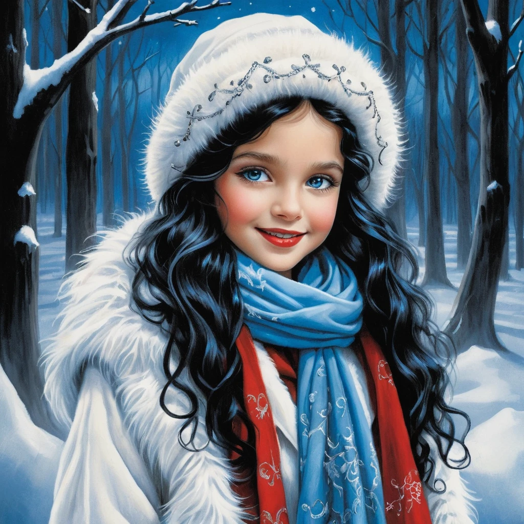 Jeune fille souriante aux cheveux bouclés en manteau d’hiver neigeux