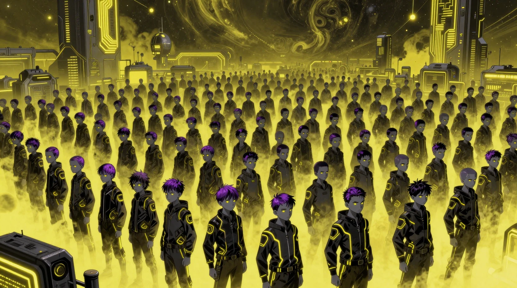 Vaste Foule de Garçons Adolescents Futuristes sous un Ciel Jaune Néon