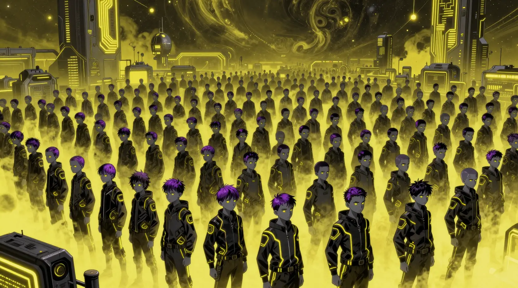 Vast Crowd Of Futuristic Teenage Boys Under Neon Yellow Sky