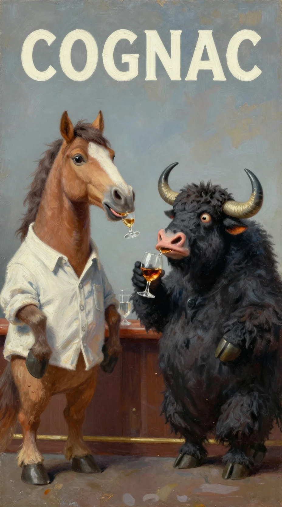 Cavallo e yak cartoon che condividono cognac in un bar accogliente