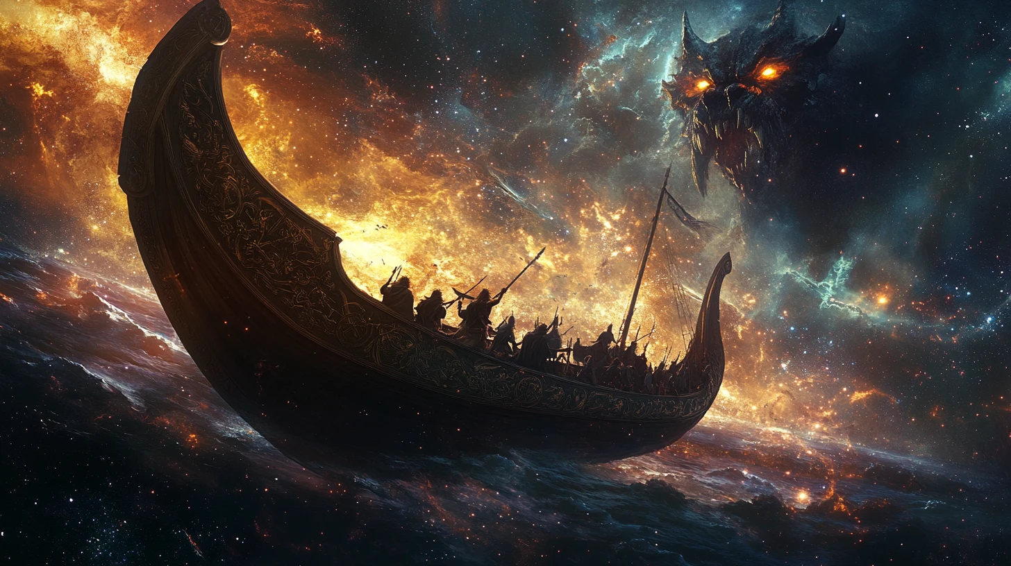 Drakkar viking voguant à travers une nébuleuse cosmique lumineuse