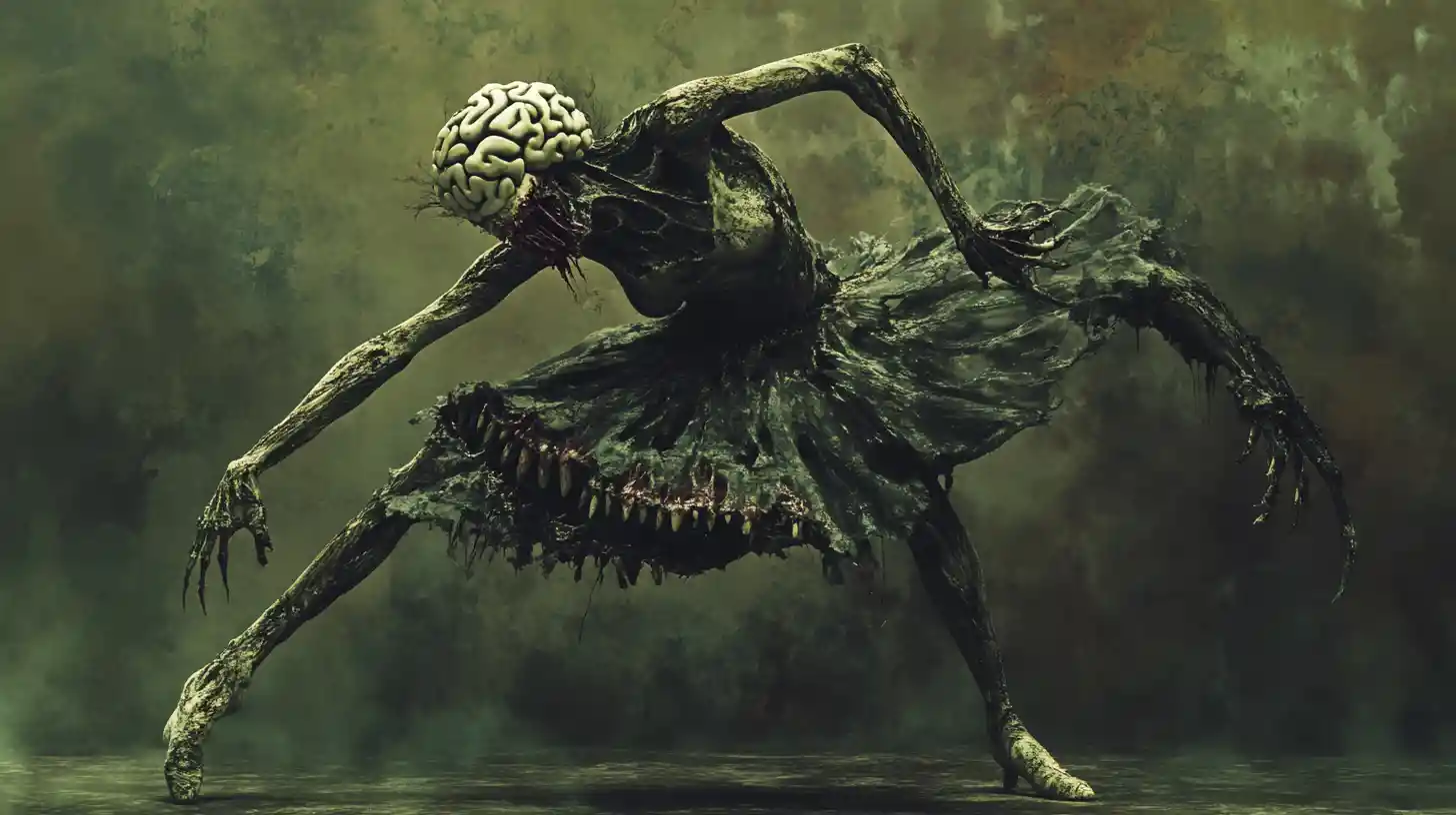 Surreal fae ballerina with monstrous stomach mouth