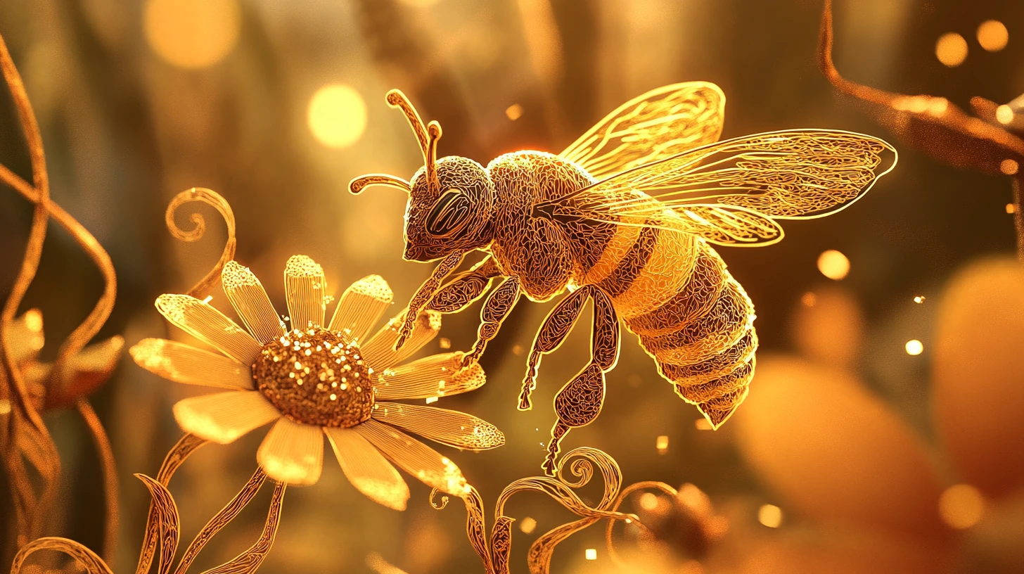 Stylized Paper Bee On Fantasy Flowers In Warm Sunlight