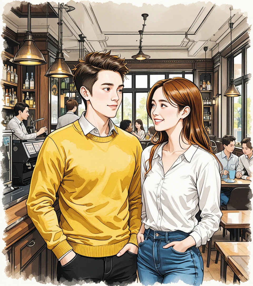 Hombre y mujer hablando en un moderno bar cafetería interior