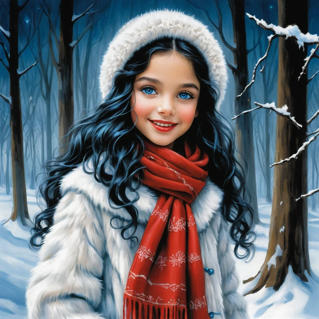 Smiling winter girl with blue eyes and white fur coat