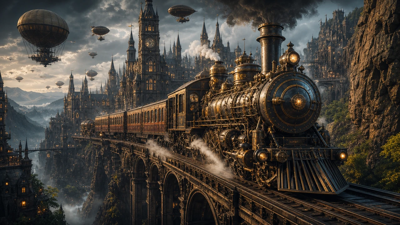 Steampunk-Zug, der eine gotische Stadt im dramatischen Licht durchquert