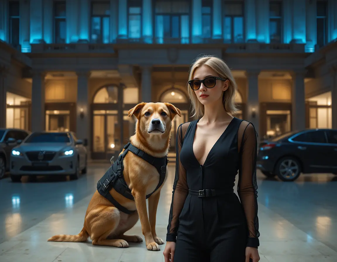 Cachorro deficiente feliz em cadeira de rodas em um showroom iluminado