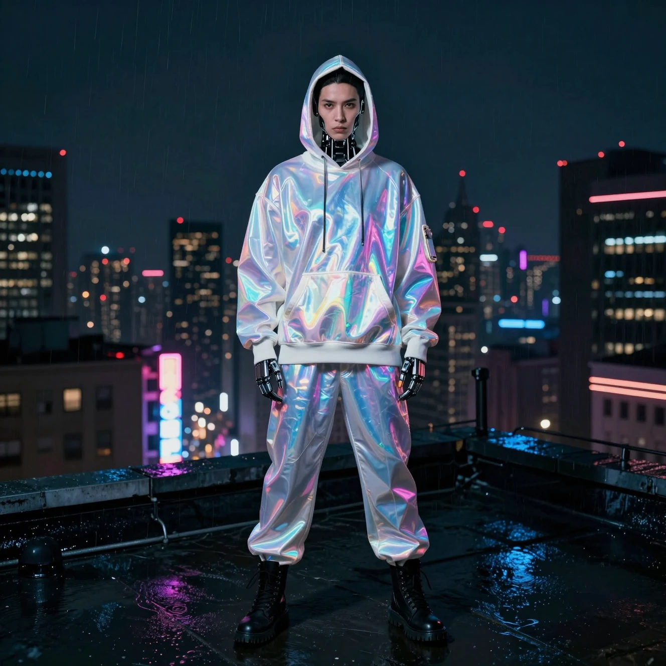 Espião masculino em rooftop iluminado por neon em cidade futurista