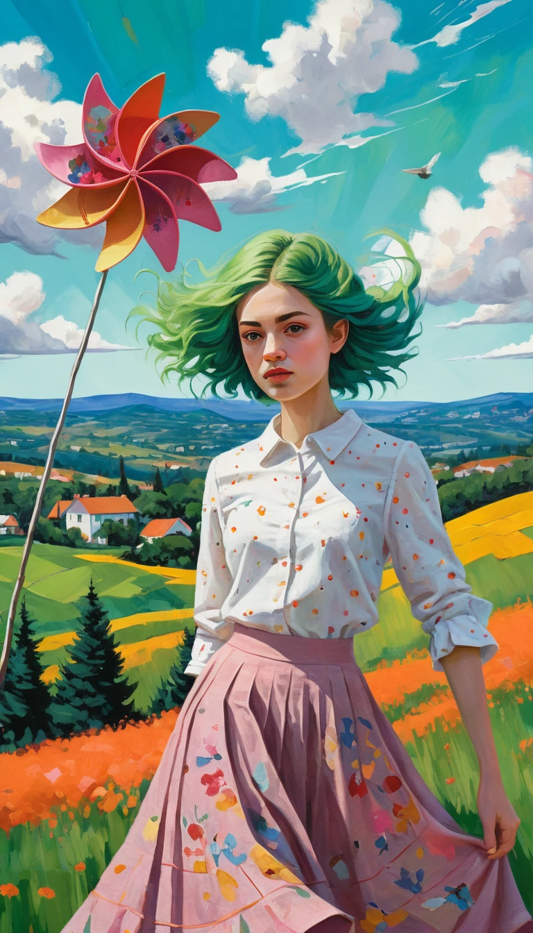 Chica de pelo verde con falda floral sosteniendo un molinillo rojo