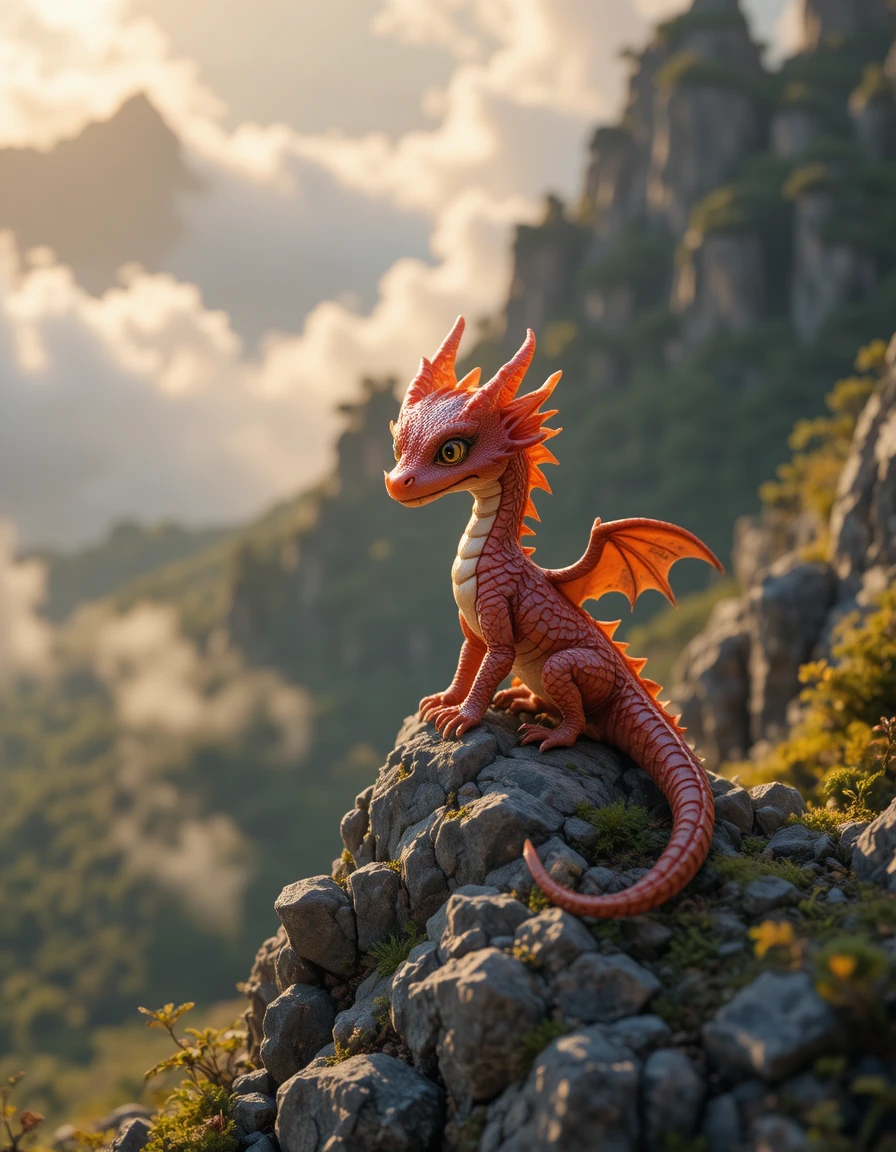Pequeno dragão vermelho tomando sol no topo da montanha