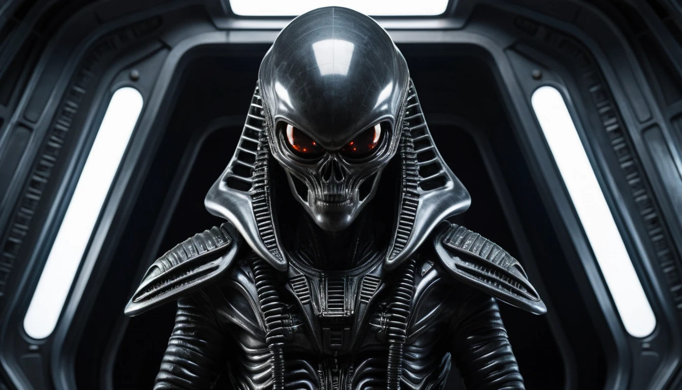 Figura alienígena com traje futurista dentro de uma nave espacial
