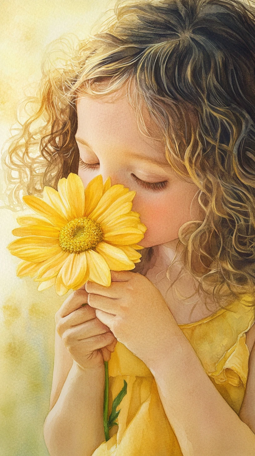 Jolie fille en robe jaune tenant une fleur de gerbera