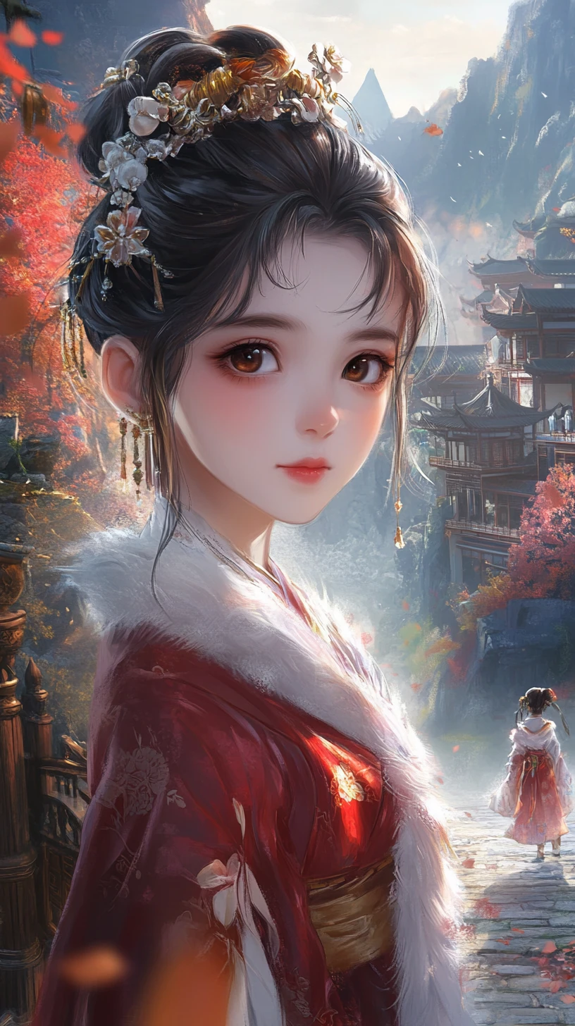 Joven chica con hanfu rojo ante templos montañosos entre la niebla