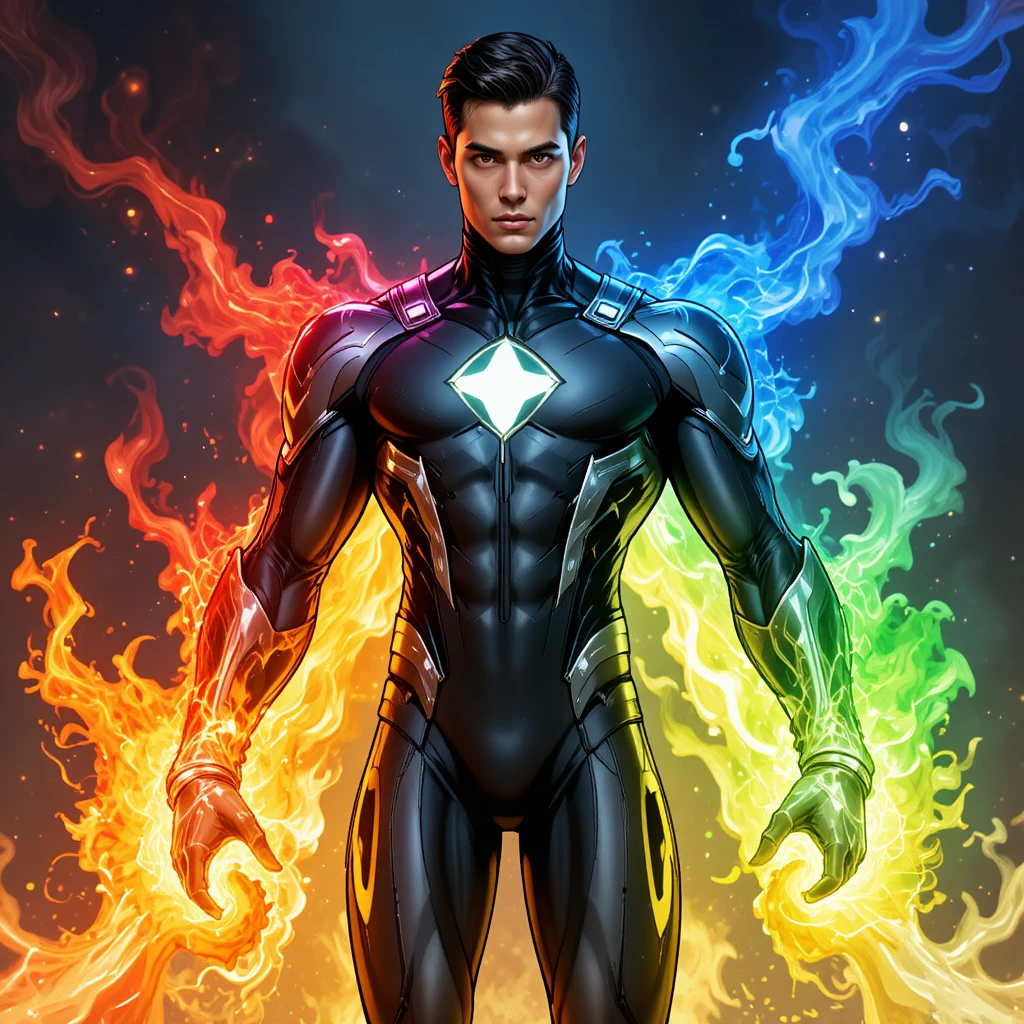 Super-herói masculino com aura de energia elemental multicolor em mutação