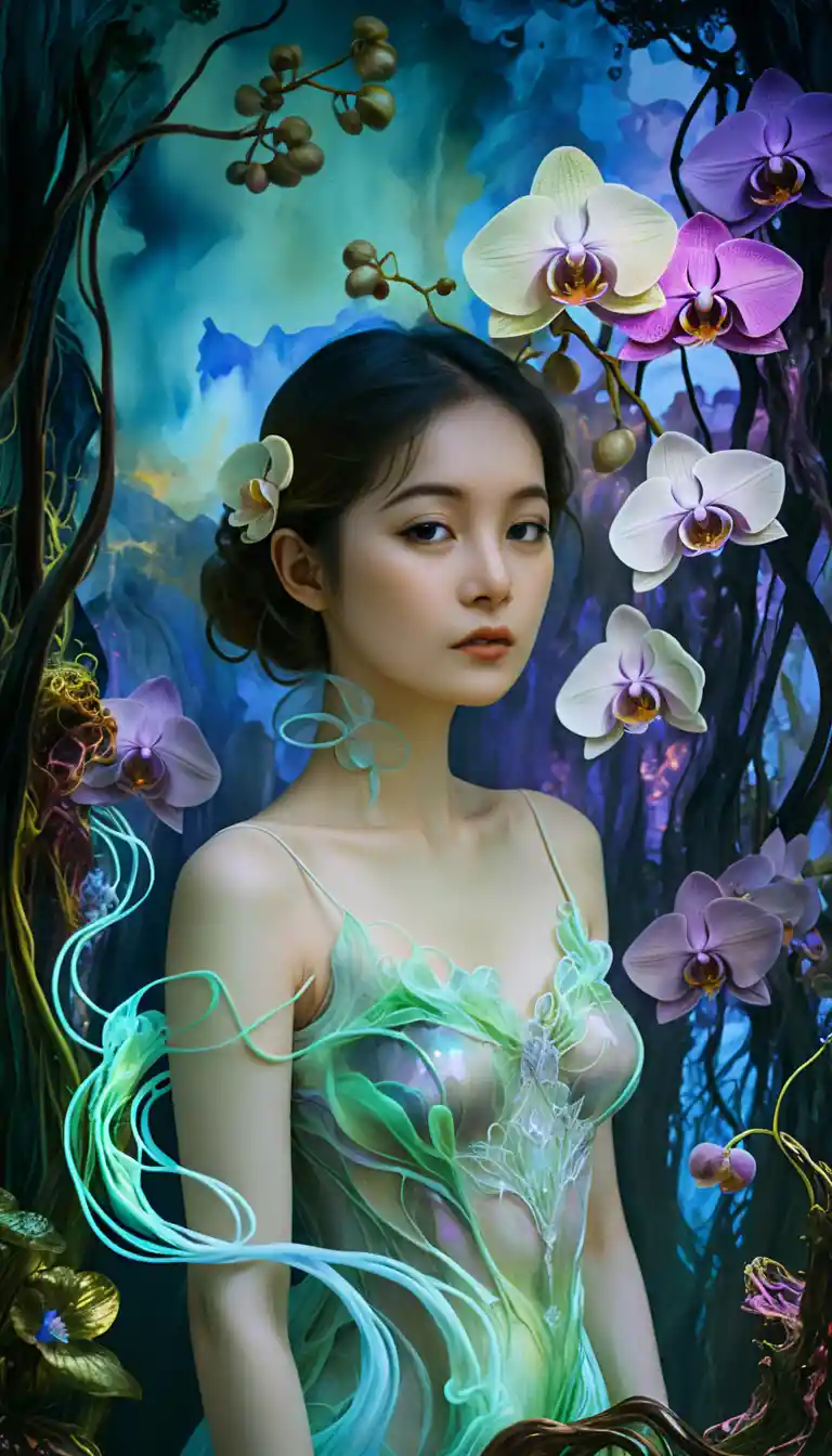 深藍裡的超現實蘭花與女子混合媒材藝術