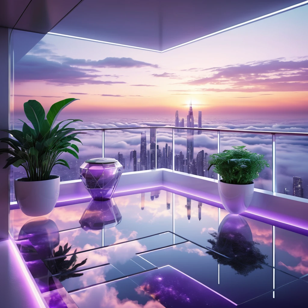 Lussuoso balcone futuristico sospeso sopra le nuvole luminose della città