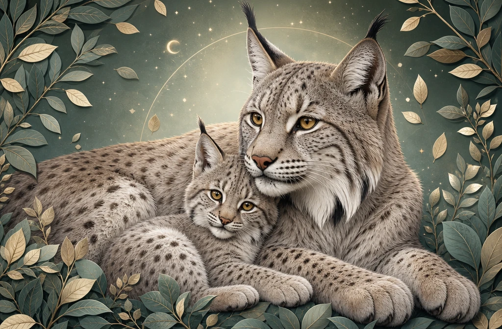 Bébé lynx blotti contre sa mère sur fond vert