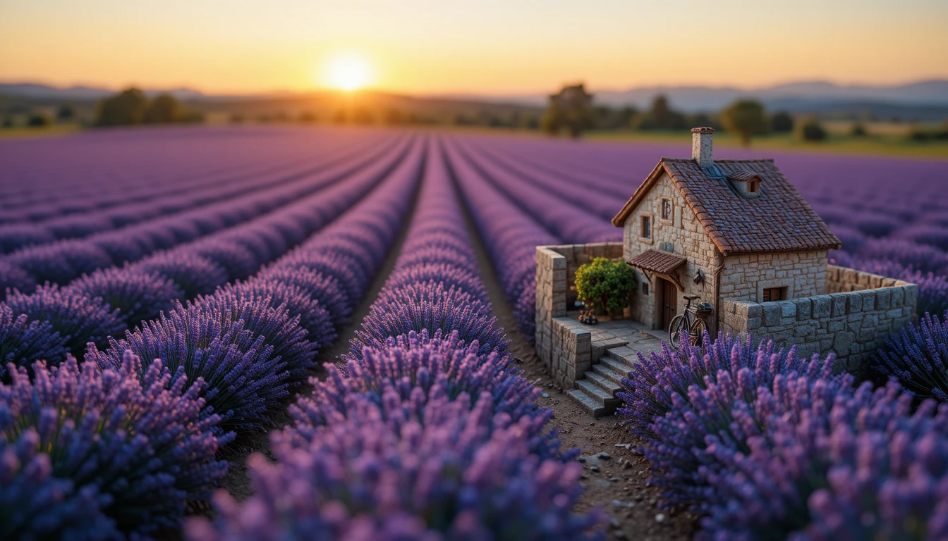 Diorama in miniatura di campo di lavanda al tramonto luminoso