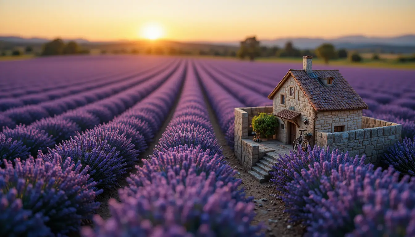 Diorama in miniatura di campo di lavanda al tramonto luminoso