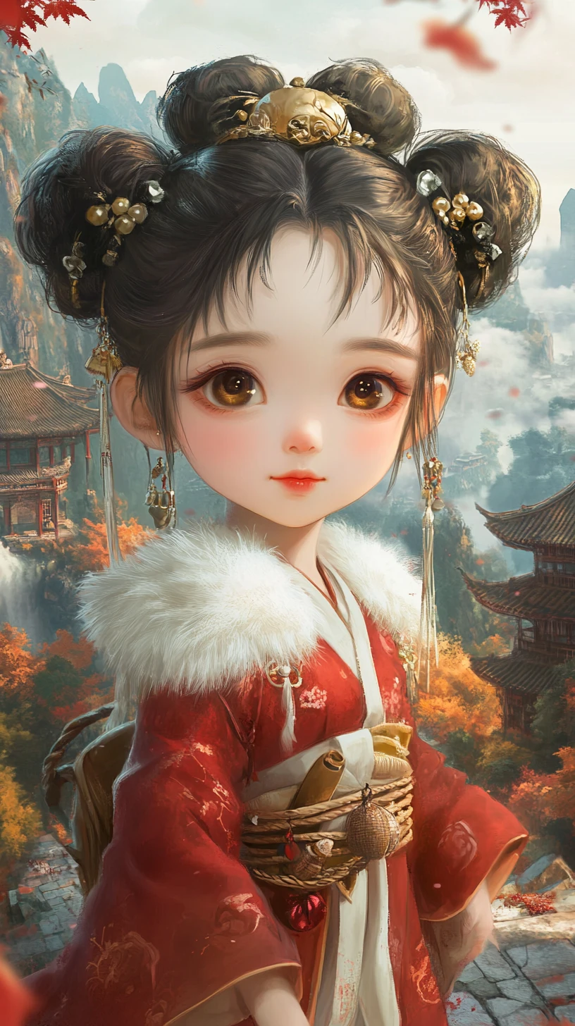 Ragazza in hanfu rosso con tranquillo villaggio di montagna sullo sfondo