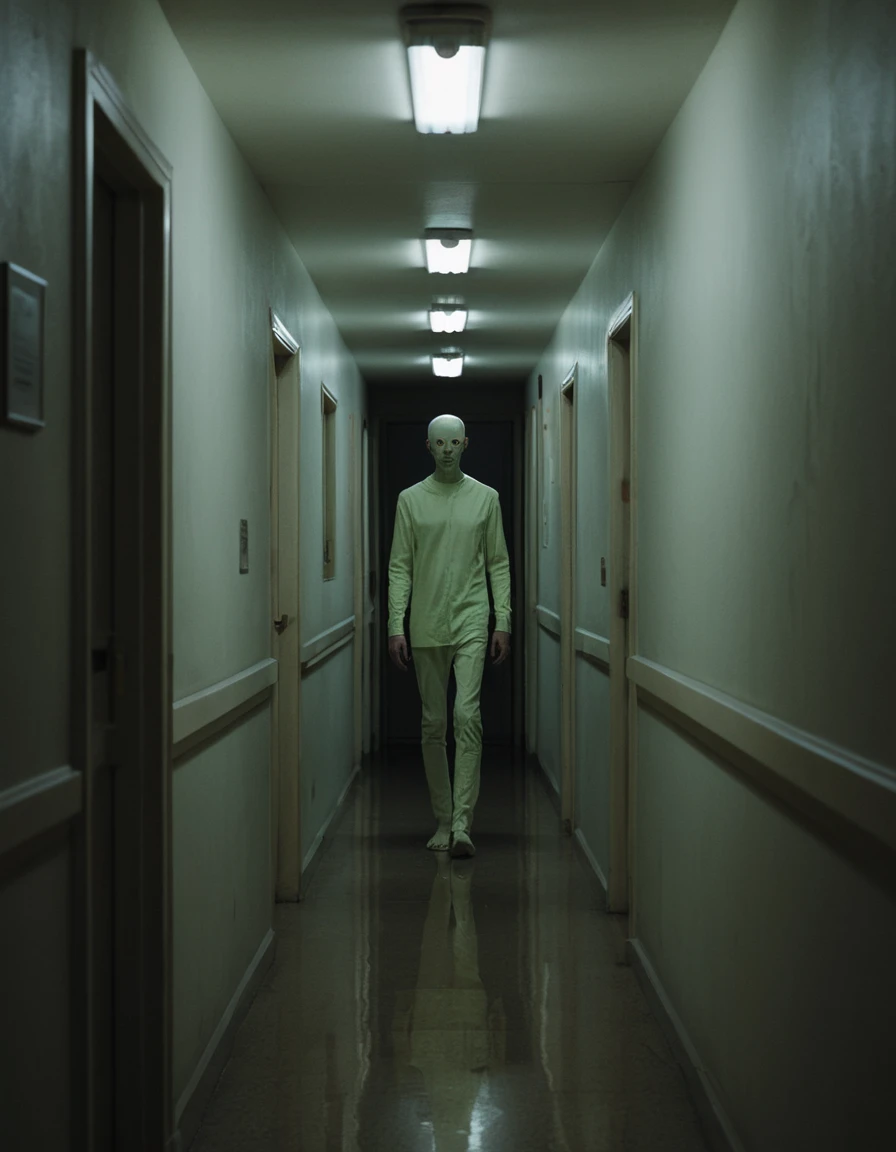 Silhouette humanoïde silencieuse dans le couloir sombre d’un appartement