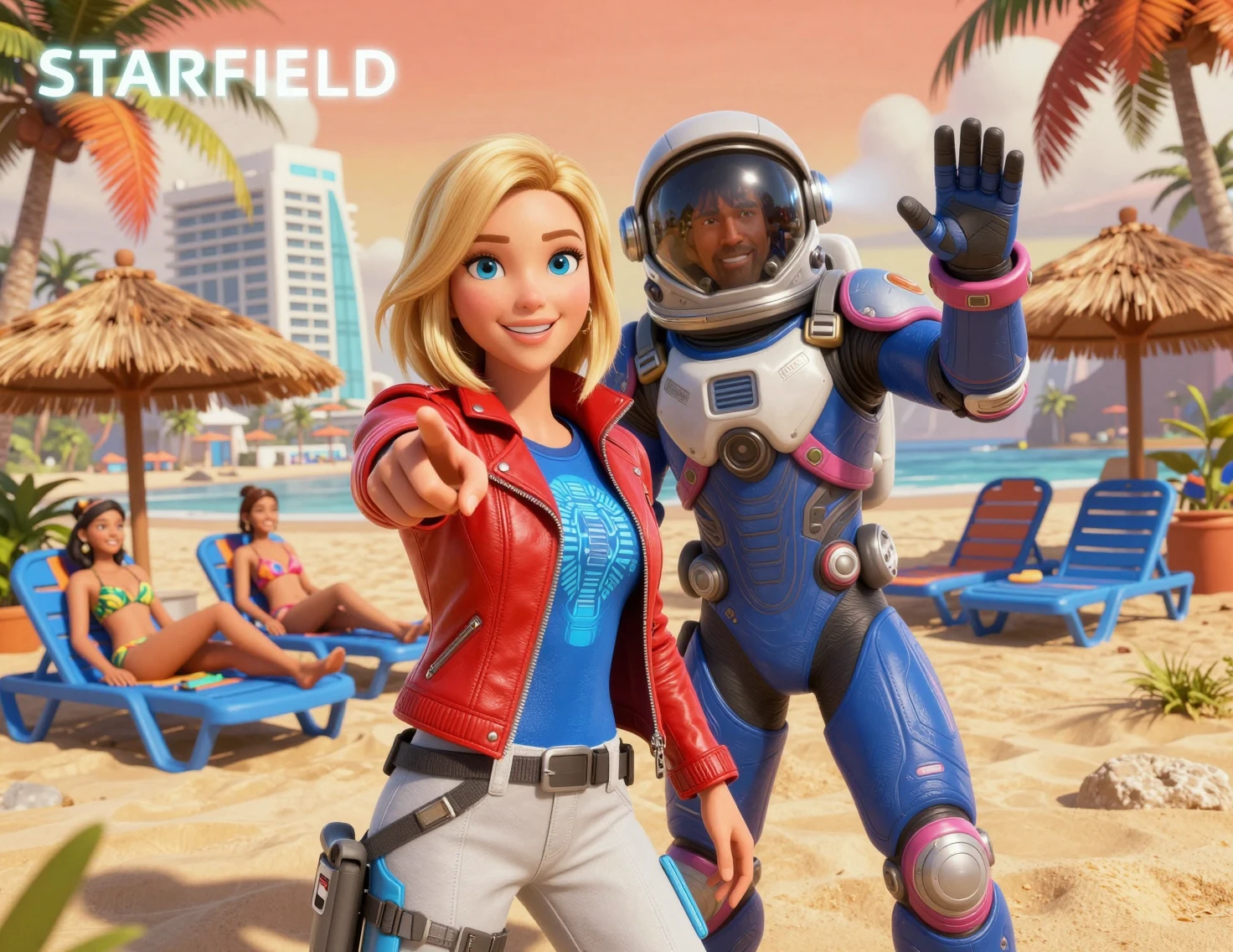 Femme astronaute souriante tendant la main sur une plage tropicale