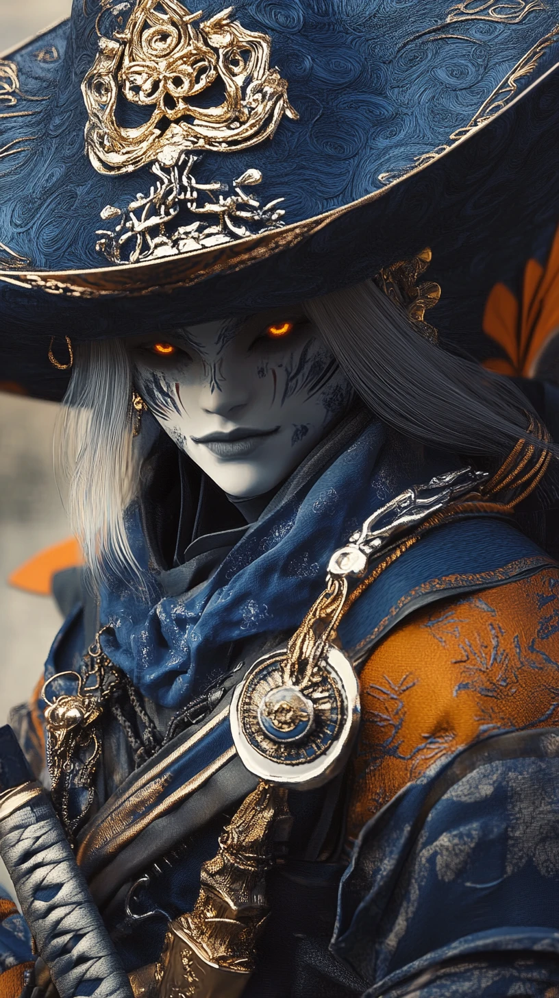 Guerrier samouraï mystique en armure bleue et dorée ornée