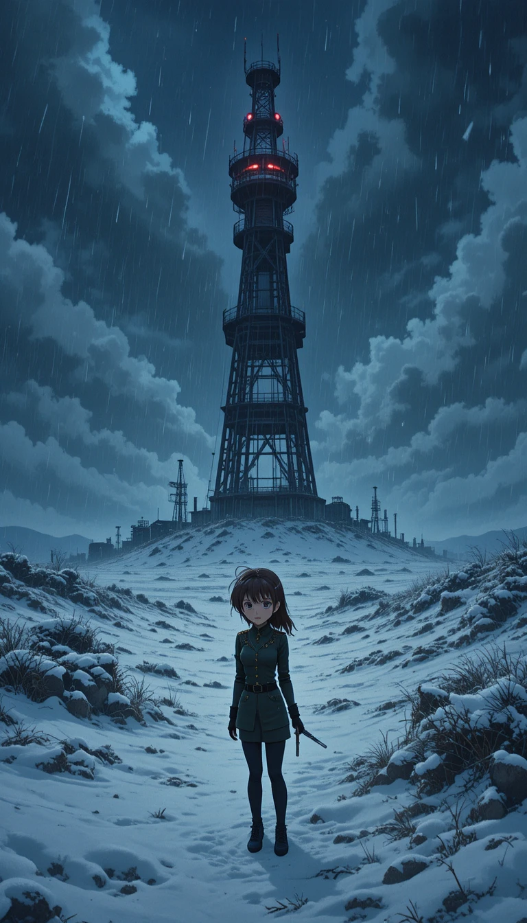 Anime-Mädchen unter Funkturm in verschneiter Einöde