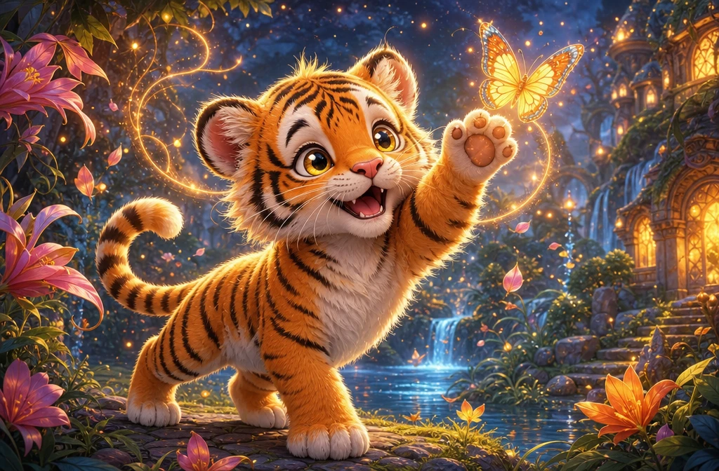 Adorable bébé tigre jouant avec un papillon lumineux