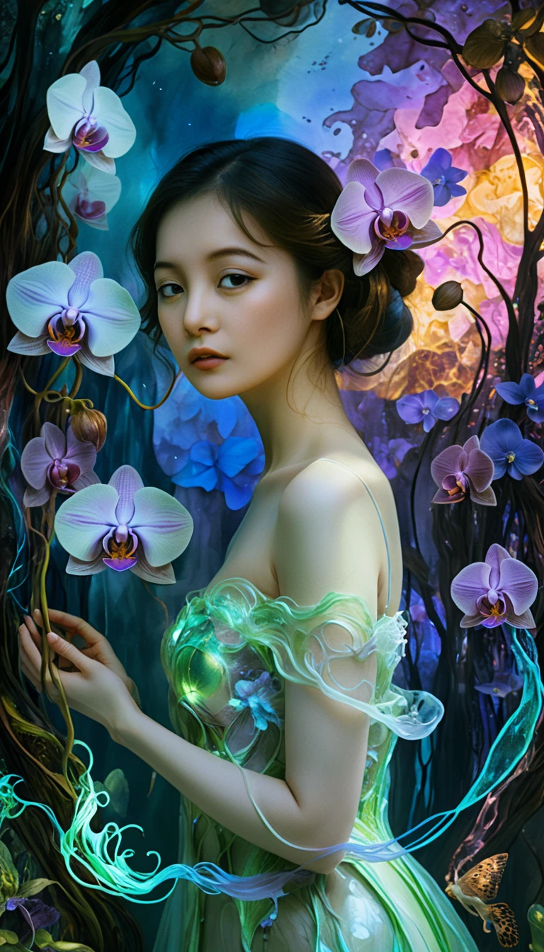 Scena surreale mixed media con orchidea e colori vorticosi