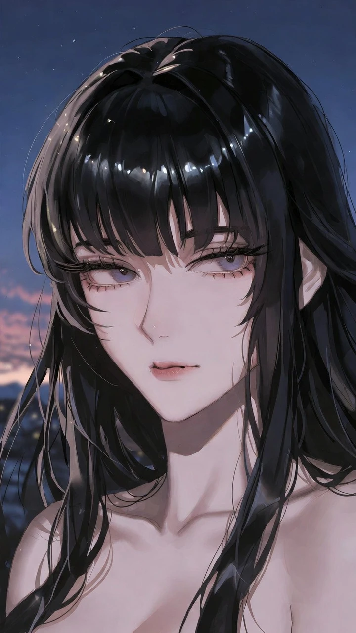 清澈薄暮夜空下的優雅動漫少女