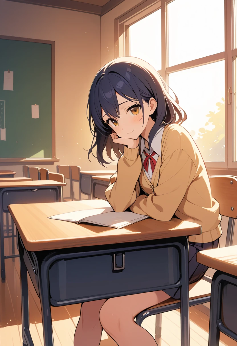 Young teacher standing alone in a sunlit empty classroom