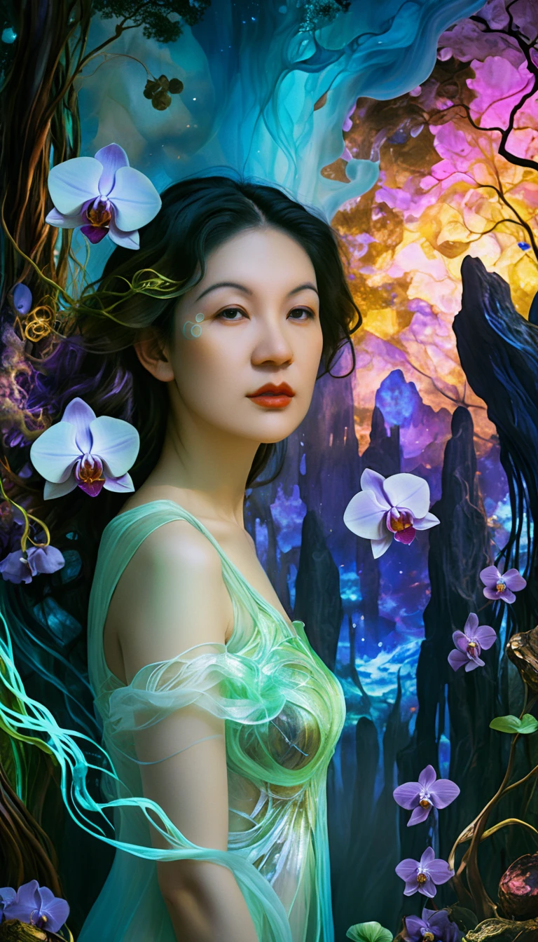 Donna surreale che emerge da un mare vorticoso di orchidee blu